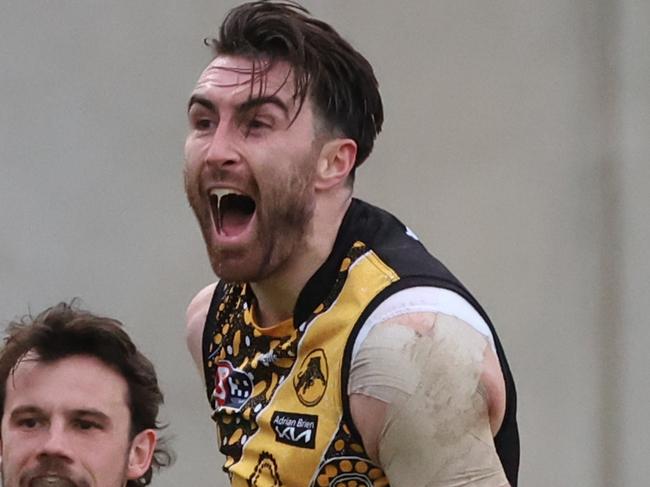 Liam McBean from Glenelg reacts after scoring a goal during the Round 12 SANFL match between Norwood and Glenelg at Norwood Oval in Adelaide, Saturday, July 8, 2023. (SANFL Image/David Mariuz)