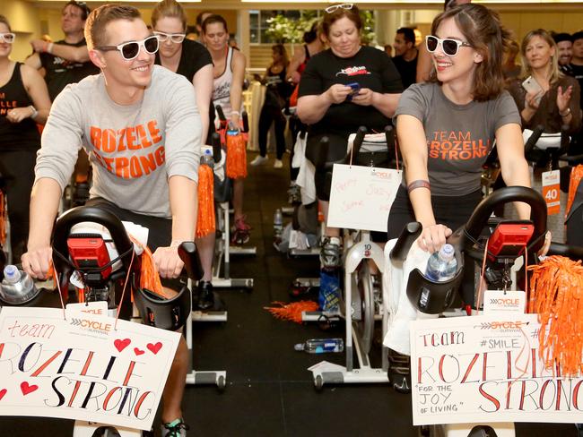 Dave Franco and Alison Brie ride at a Cycle for Survival event. Picture: AP