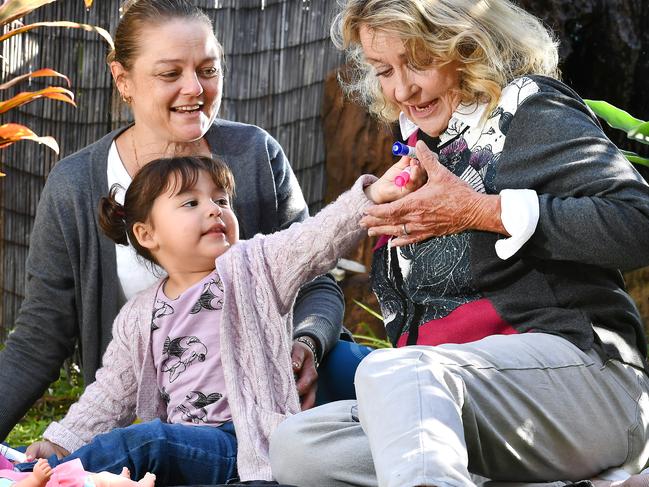 Adelynn, the daughter of missing Whitsunday mum Tahnee Shanks, settling into Brisbane life with her Aunty Leela and grandmother Leanne Shanks on June 2, 2022. Picture: John Gass