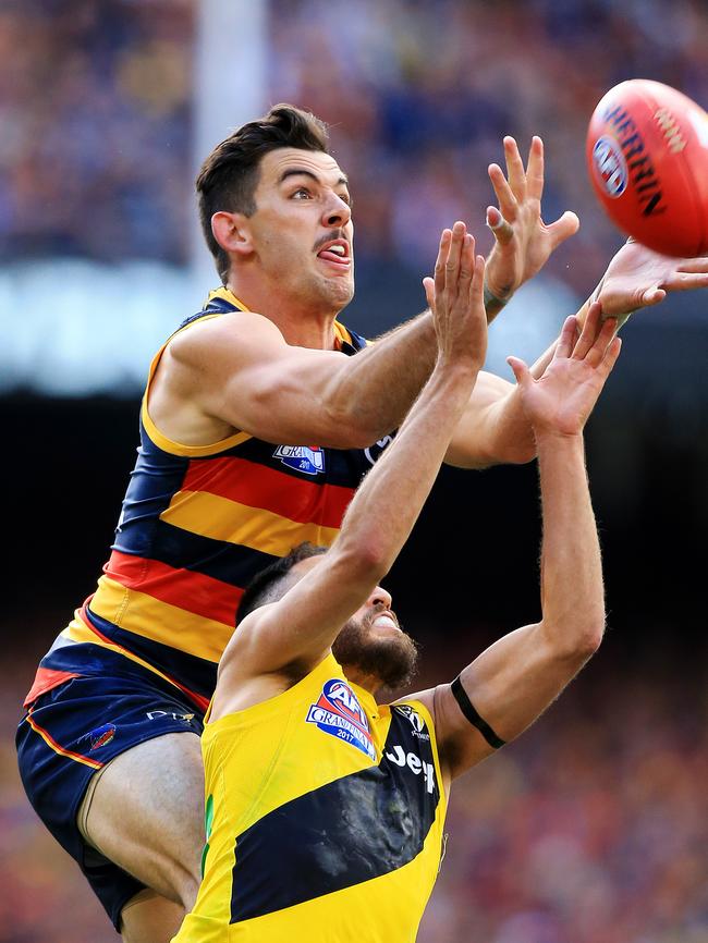 Taylor Walker flies for a grab during last year’s grand final loss to Richmond. Picture: Mark Stewart