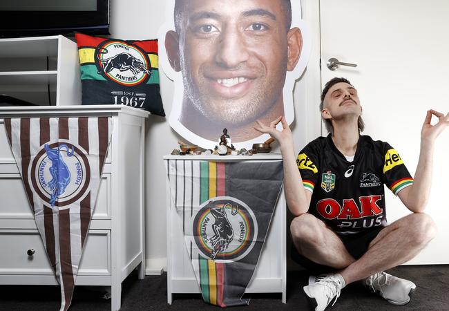 Tim Moodie, coach of the Villi Army, with his shrine to Viliame Kikau. Picture: Jonathan Ng