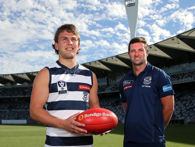 Tom Atkins as Geelong VFL captain with coach Shane O'Bree.