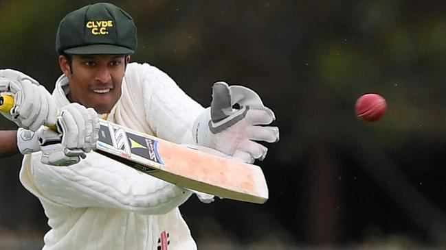 Priyantha Kumar and keeper Kiefer Peries in action during the West Gippsland Cricket match between Merinda Park and Clyde in Cranbourne, Saturday, Nov. 9, 2019. Picture:Andy Brownbill