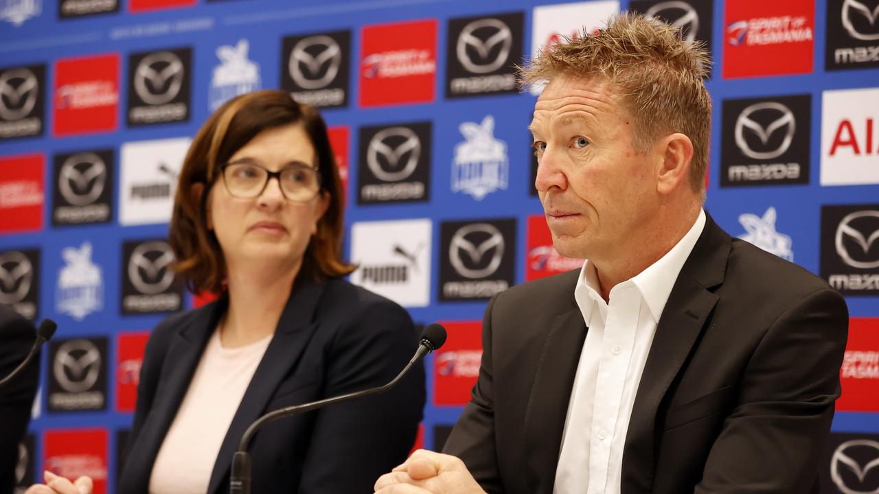 North Melbourne president Dr Sonja Hood alongside former coach David Noble. Picture: Alex Coppel.