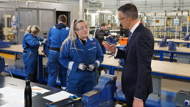 Premier Peter Malinauskas talking to workers at the Barrow-in-Furness nuclear submarine shipyard operated by BAE Systems in the UK. Picture: Supplied