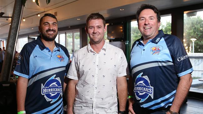 Hurricanes skipper Michael Salerno, No.1 draft pick Justin Reid and franchise owner Darren Halpin at the Barrier Reef Big Bash draft night, held at The Backyard Cairns. Picture: Brendan Radke