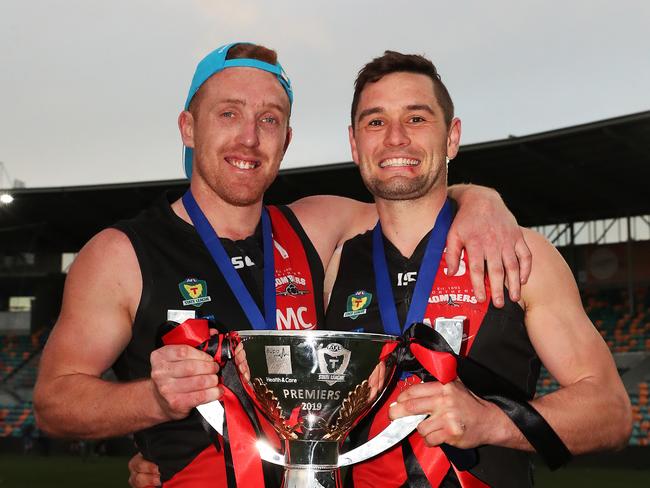 North Launceston captain Brad Cox-Goodyer and playing coach Taylor Whitford after the 2019 grand final. Picture: NIKKI DAVIS-JONES