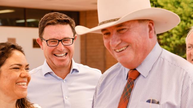 Barnaby Joyce and David Littleproud, with Jacinta Nampijinpa Price, at the Tennant Creek Hospital during the 2022 election campaign.