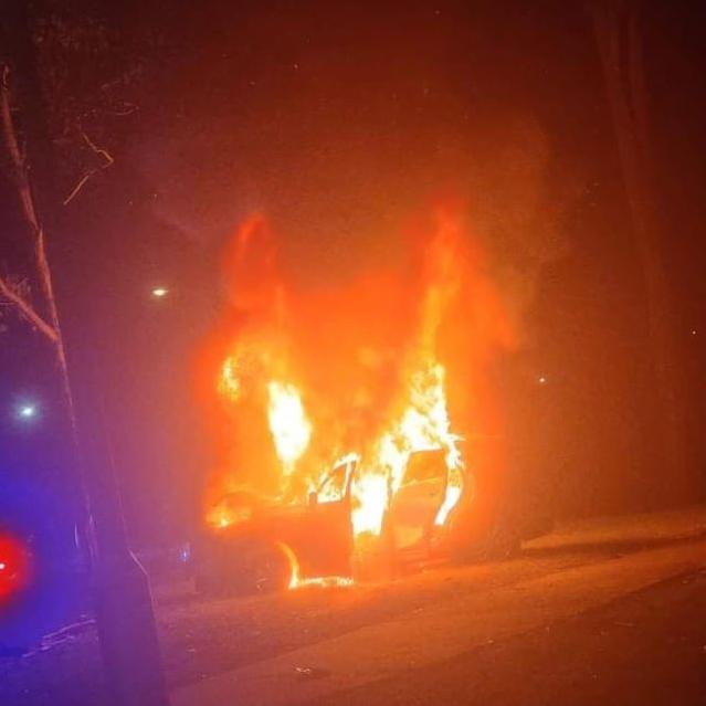 Onlookers found the car ablaze after crashing into a tree. Picture: Supplied