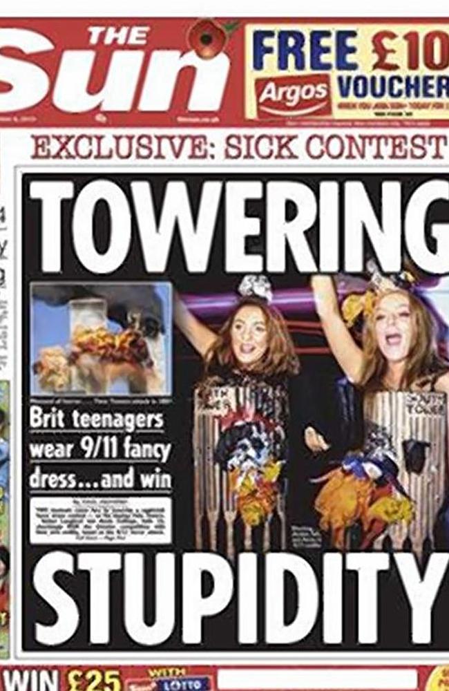 The front page of Tuesday's Sun shows British teenagers Amber Langford and Annie Colling dressed as the Twin Towers. 