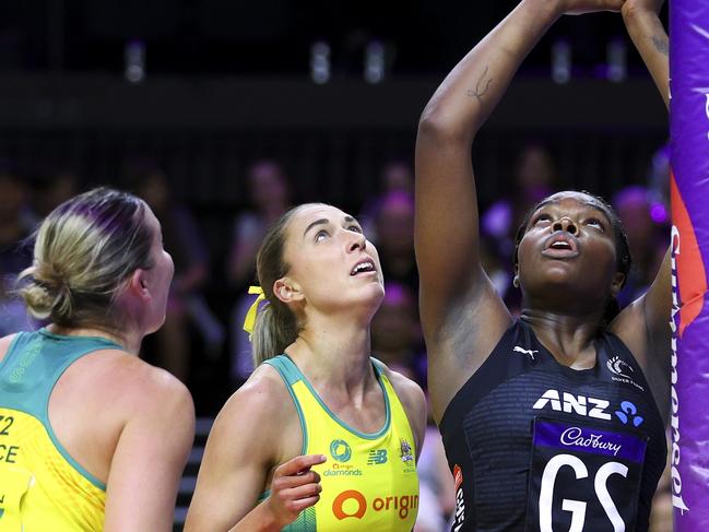 WELLINGTON, NEW ZEALAND - OCTOBER 20: Grace Nweke of New Zealand shoots during the game one of the Constellation Cup series between New Zealand Silver Ferns and Australia Diamonds at TSB Arena on October 20, 2024 in Wellington, New Zealand. (Photo by Hagen Hopkins/Getty Images)