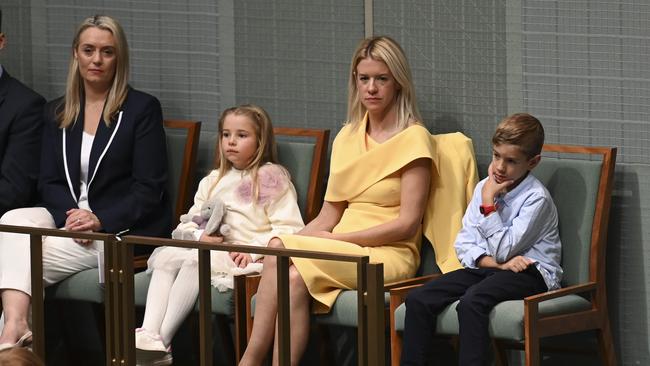 Laura Chalmers and children watch on as Federal Treasurer Jim Chalmers delivers the 2024-25 federal budget at Parliament House in Canberra. Picture: NCA NewsWire / Martin Ollman