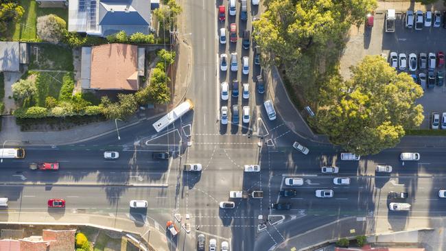 Morning traffic during the Adelaide 500 on the corner of Portrush Road and Kensington Road at 8:30am, 21 February 2020. Picture Simon Cross