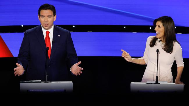 Ron DeSantis and Nikki Haley spar at Drake University in Des Moines, Iowa, on Wednesday night. Picture: AFP