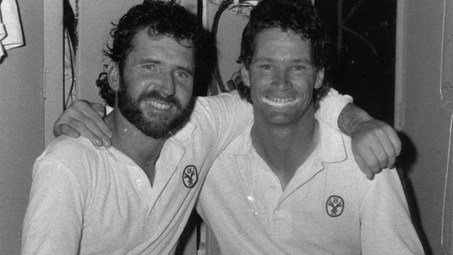 Allan Border with Dean Jones after sharing an unbeaten stand of 208 against the West Indies in Adelaide in 1989.