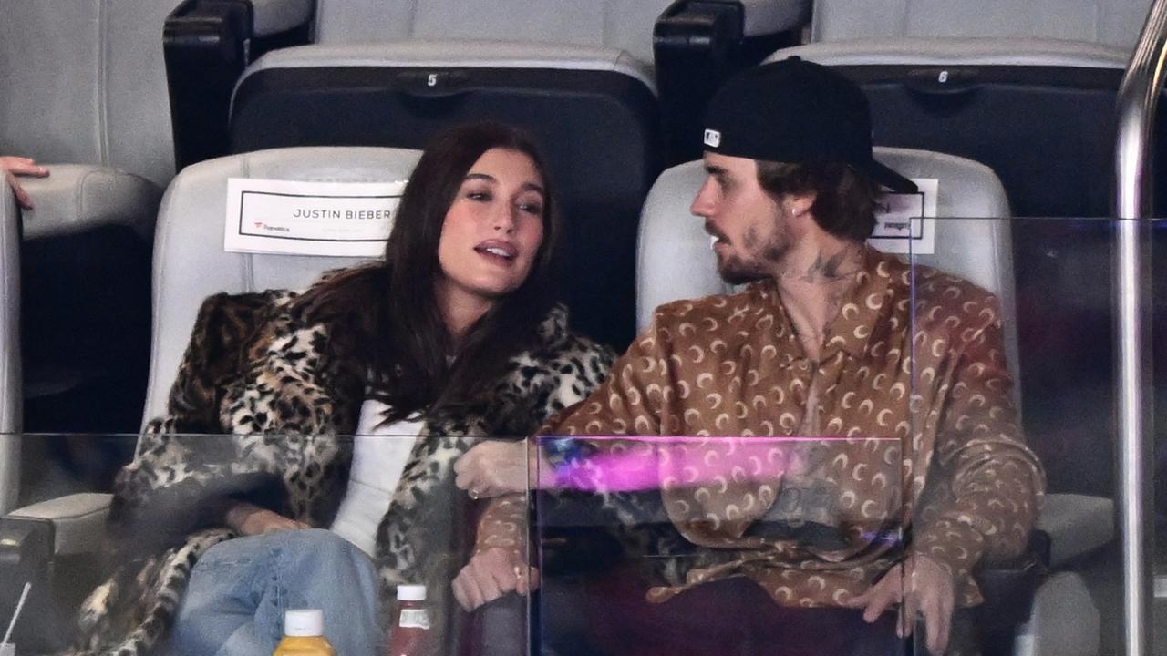 Bieber looked slightly dishevelled as he and his wife Hailey watched the game from Fanatics owner Michael Rubin’s $2.5 million suite. Picture: AFP