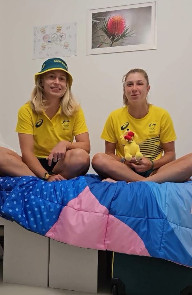 Daria Saville and Ellen Perez test out the “rock hard’’ cardboard beds at the athletes’ village in Paris. Picture: Instagram