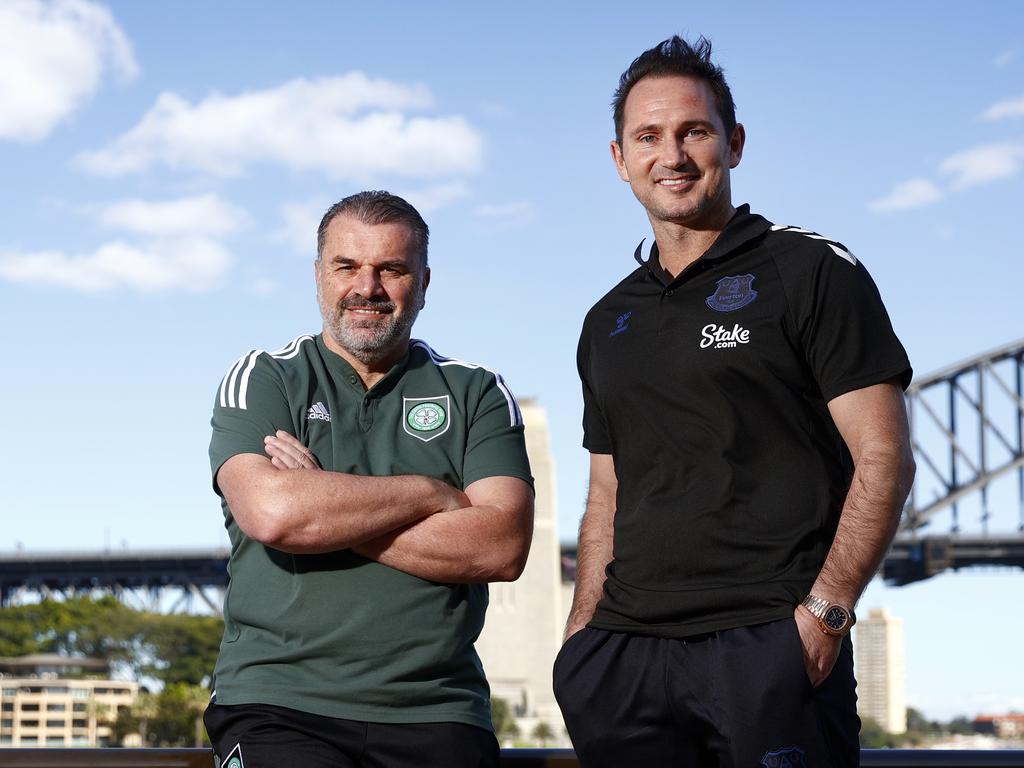 Ange Postecoglou (left) has been linked to the Everton manager’s job following the sacking of Frank Lampard. Picture: Richard Dobson