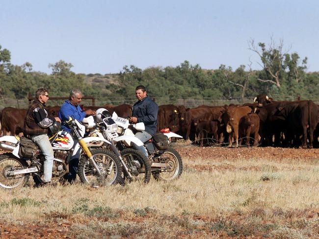 Workers on the Anna Creek cattle station, owned by cattle firm S. Kidman and Co., taking a break on the Oodnadatta Track in outback South Australia as they start the mustering of cattle by motorbike and plane June, 2000. Picture: AFP