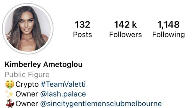 Kimberley Ametoglou has claimed on her instagram biography that she owns the Sin City Gentlemen's Club in Dandenong. Picture: Supplied