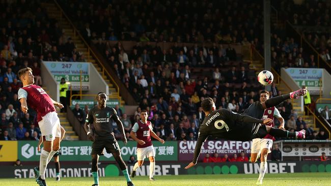 Roberto Firmino of Liverpool attempts an overhead kick during the Premier League match between Burnley FC and Liverpool FC at Turf Moor. Picture: Jan Kruger/Getty Images