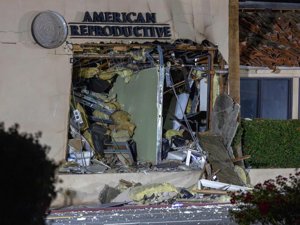 The damaged front of the American Reproductive Centers fertility clinic stands following a bomb blast on May 17, 2025 in Palm Springs, California. Picture: Getty Images via AFP