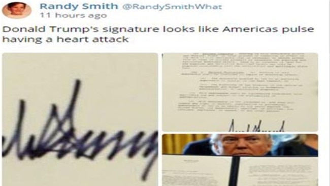 Randy Smith said on Twitter that the president’s signature “looks like America’s pulse having a heart attack’. Picture: Twitter.