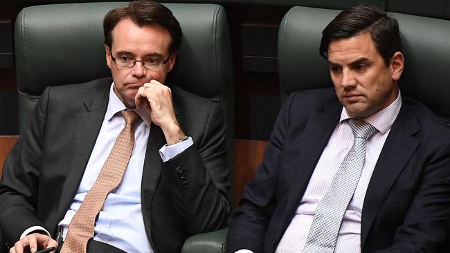 Victorian Liberal Party leader Michael O’Brien with frontbench colleague Brad Battin, who is pushing for a party leadership spill. Picture: AAP