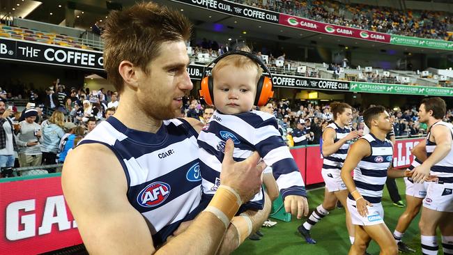 Tom Lonergan was solid in game 200, while fellow milestone man Mitch Duncan (150th match) starred with 38 disposals. Picture: Getty Images