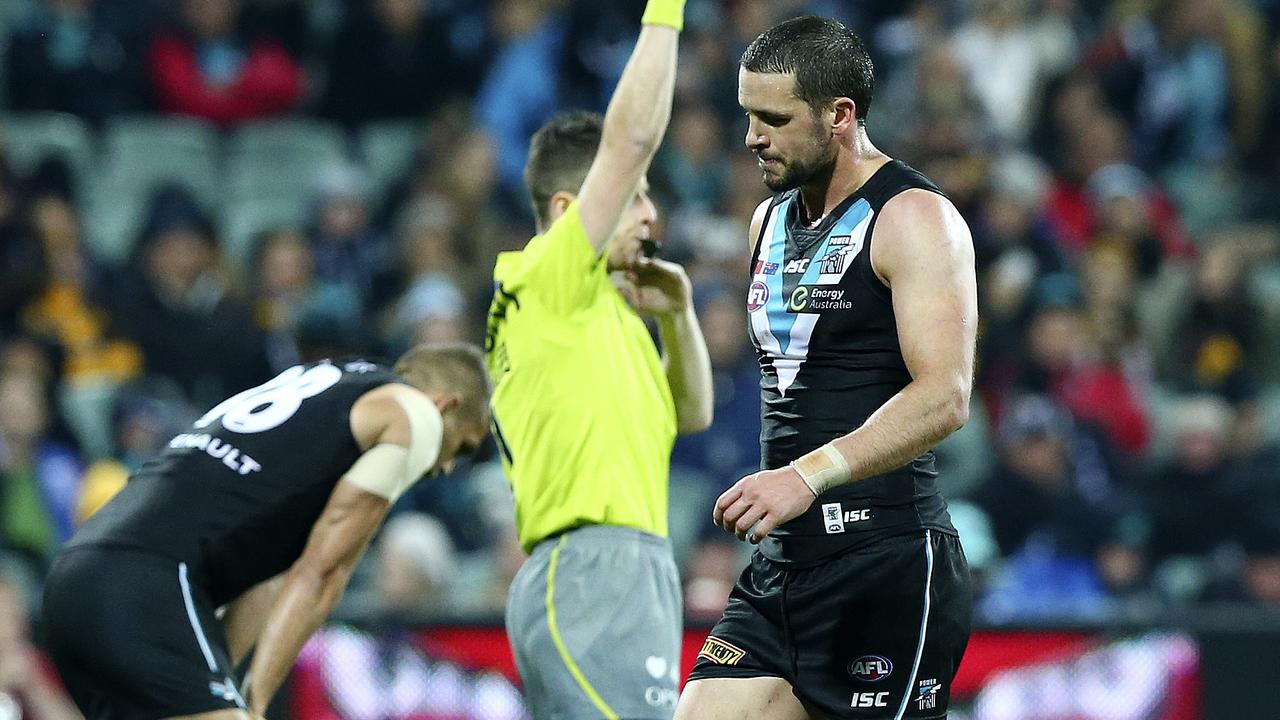 AFL - Port Adelaide v Hawthorn at Adelaide Oval. Umpire calls the end of the game - Travis Boak after the loss. Picture Sarah Reed