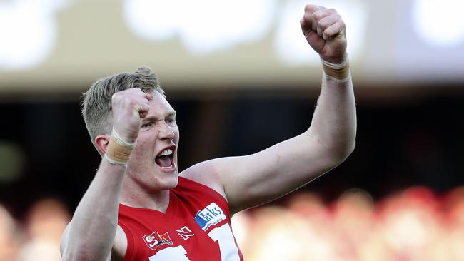 Alex Barnes celebrates a final term goal for the Roosters. Picture: Sarah Reed