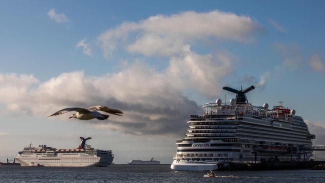 Cruise ships docked at Long Beach in California after cruising’s shutdown. Picture: AFP