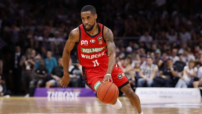 SYDNEY, AUSTRALIA - FEBRUARY 02: Bryce Cotton of the Wildcats drives to the basket during the round 19 NBL match between Sydney Kings and Perth Wildcats at Qudos Bank Arena, on February 02, 2025, in Sydney, Australia. (Photo by Darrian Traynor/Getty Images)