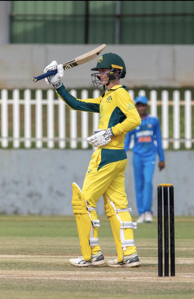 St Patrick's and Gators junior Steve Hogan celebrates his century for the Australian under-19s earlier this year. He scored another ton for Sandgate Redcliffe on Sunday.