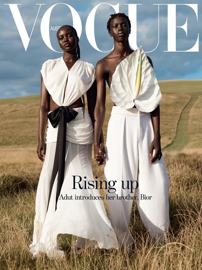 Vogue Australia's April cover stars Adut Akech and her brother Bior. Picture: Josh Olins for Vogue Australia