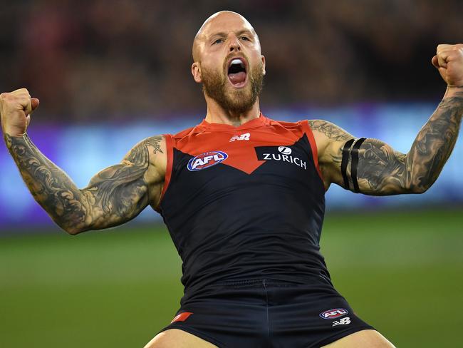 Nathan Jones celebrates a goal in the First Elimination Final against Geelong in 2018. Picture: Julian Smith