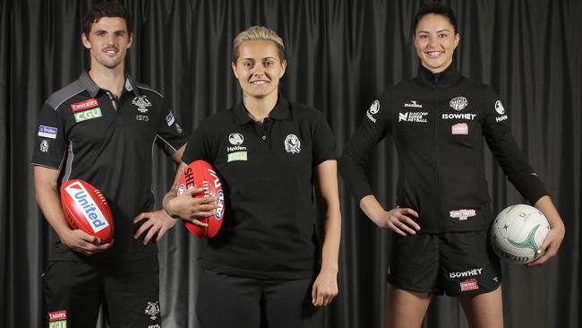 Collingwood AFL captain Scott Pendlebury, former AFLW marquee player Moana Hope and netball star Sharni Layton in 2016.