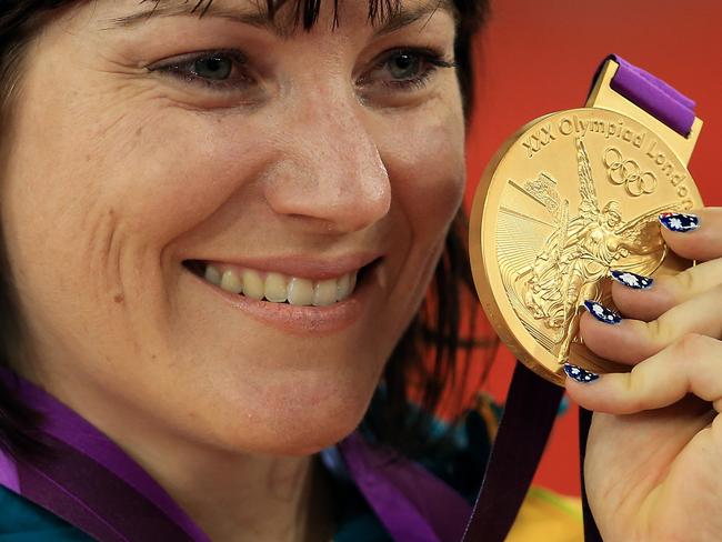 Gold Medalist Australia's Anna Meares celebrates after the Women's Sprint Final in the Velodrome at the Olympic Park, on the eleventh day of the London 2012 Olympics..