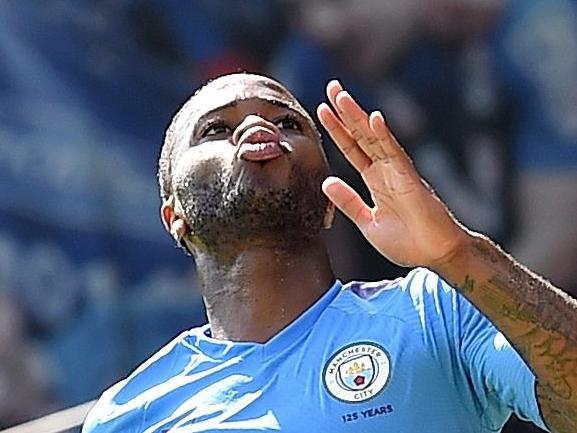 Manchester City's English midfielder Raheem Sterling celebrates scoring his team's second goal during the English Premier League football match between Bournemouth and Manchester City at the Vitality Stadium in Bournemouth, southern England on August 25, 2019. (Photo by Glyn KIRK / AFP) / RESTRICTED TO EDITORIAL USE. No use with unauthorized audio, video, data, fixture lists, club/league logos or 'live' services. Online in-match use limited to 120 images. An additional 40 images may be used in extra time. No video emulation. Social media in-match use limited to 120 images. An additional 40 images may be used in extra time. No use in betting publications, games or single club/league/player publications. /