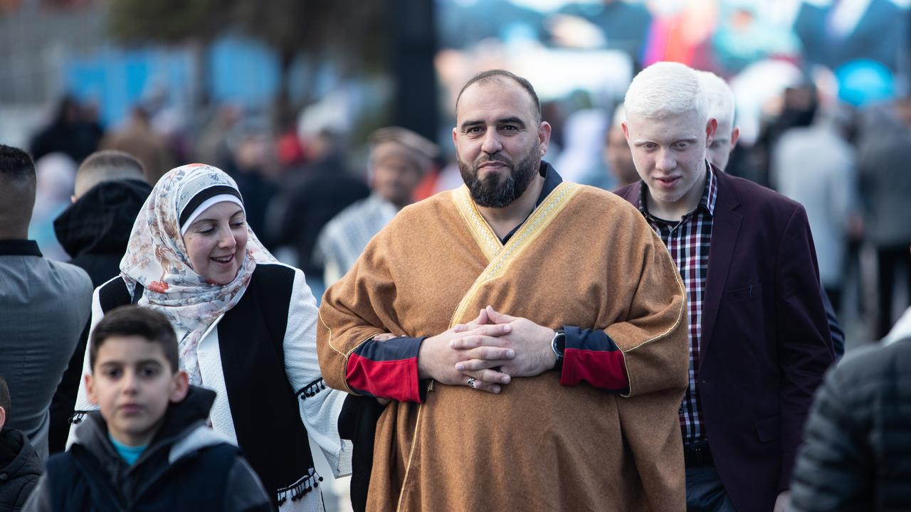 Families gather outside Lakemba Mosque after Eid prayers. Picture: Julian Andrews. Photos can be purchased at newsphotos.com.au