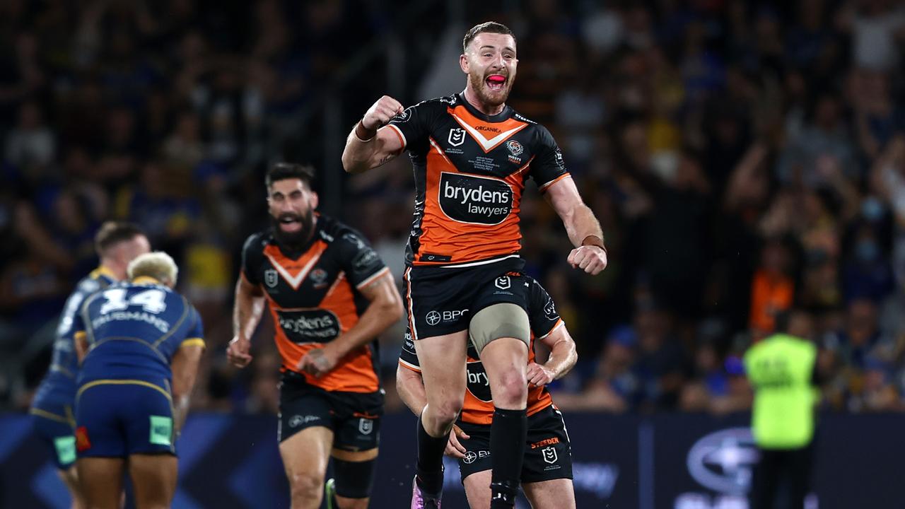 Jackson Hastings celebrates his matchwinning field goal against the Eels. Picture: Matt Blyth/Getty Images