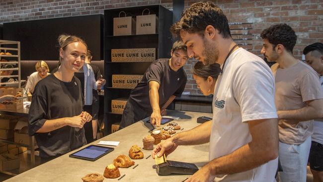 The opening of Lune Croissanterie at Rosebery engine yards created long lines of people stretching around the corner. Picture: NewsWire / Simon Bullard.