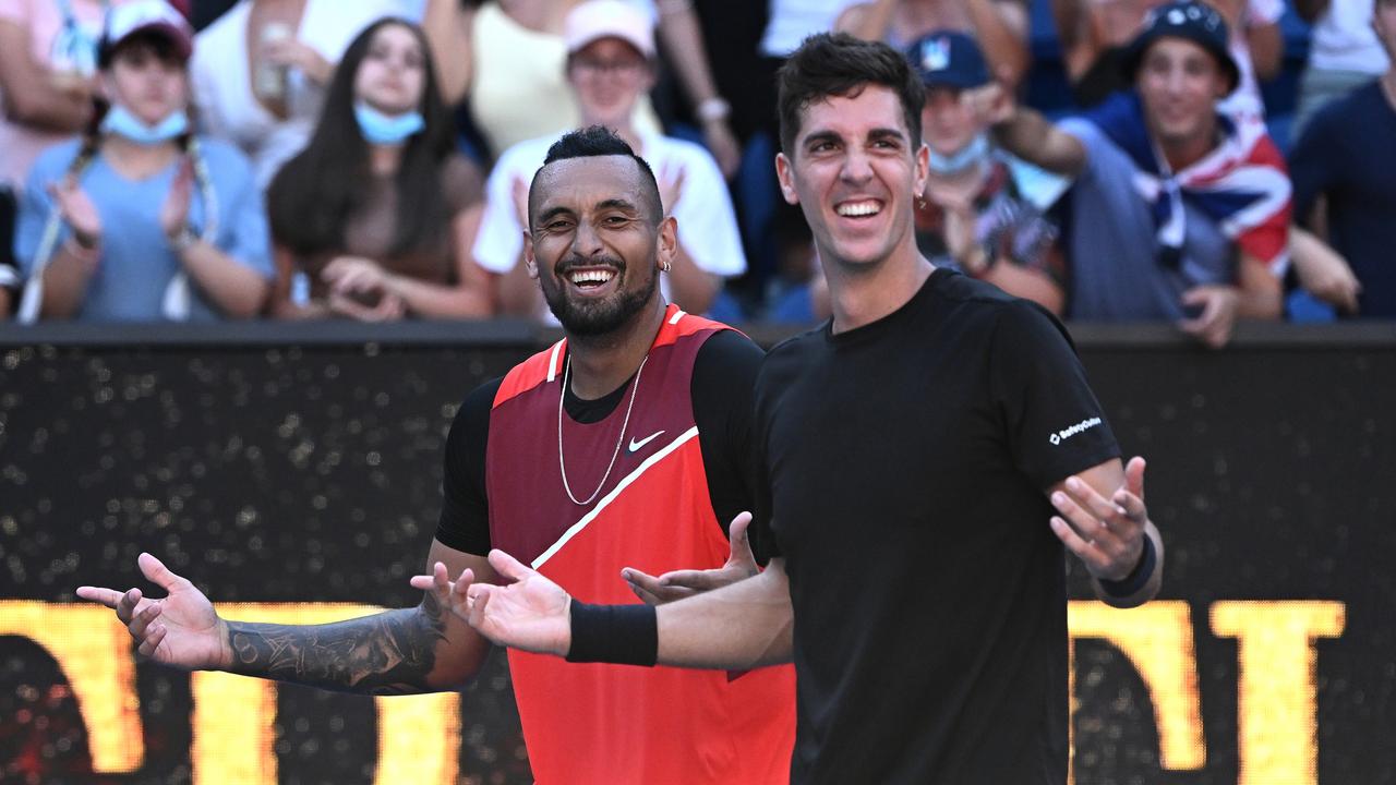 Thanasi Kokkinakis and Nick Kyrgios didn’t hold back putting on a show in their men's doubles quarterfinals at the Australian Open. Picture: Quinn Rooney/Getty Images