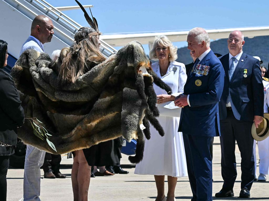 King Charles Queen Camilla are greeted by Ngunnawal Elder Aunty Serena Williams at Defence Establishment Fairbairn in Canberra on October 21. Picture: AFP