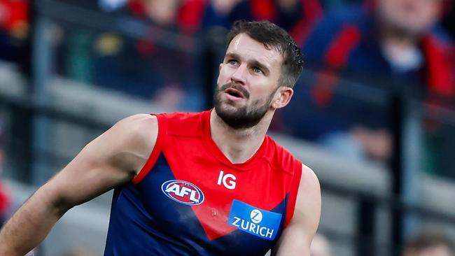 MELBOURNE, AUSTRALIA - AUGUST 20: Joel Smith of the Demons celebrates a goal during the 2023 AFL Round 23 match between the Melbourne Demons and the Hawthorn Hawks at Melbourne Cricket Ground on August 20, 2023 in Melbourne, Australia. (Photo by Dylan Burns/AFL Photos)