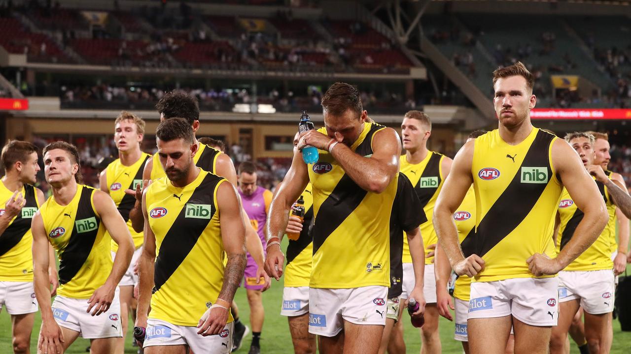 The Tigers fell away late. (Photo by Sarah Reed/AFL Photos via Getty Images)