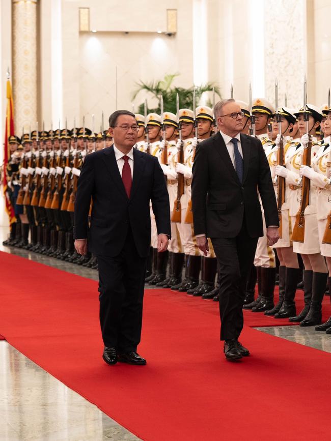 Anthony Albanese and Chinese Premier Li Qiang inspect an honour guard at Beijing’s Great Hall of the People in November. Picture: Twitter