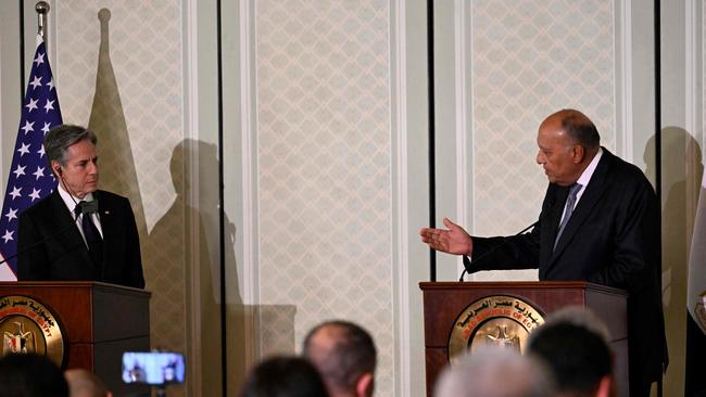 Egypt's Foreign Minister Sameh Shoukry (R) and US Secretary of State Antony Blinken give a joint press conference following a meeting in Cairo. Picture: AFP.