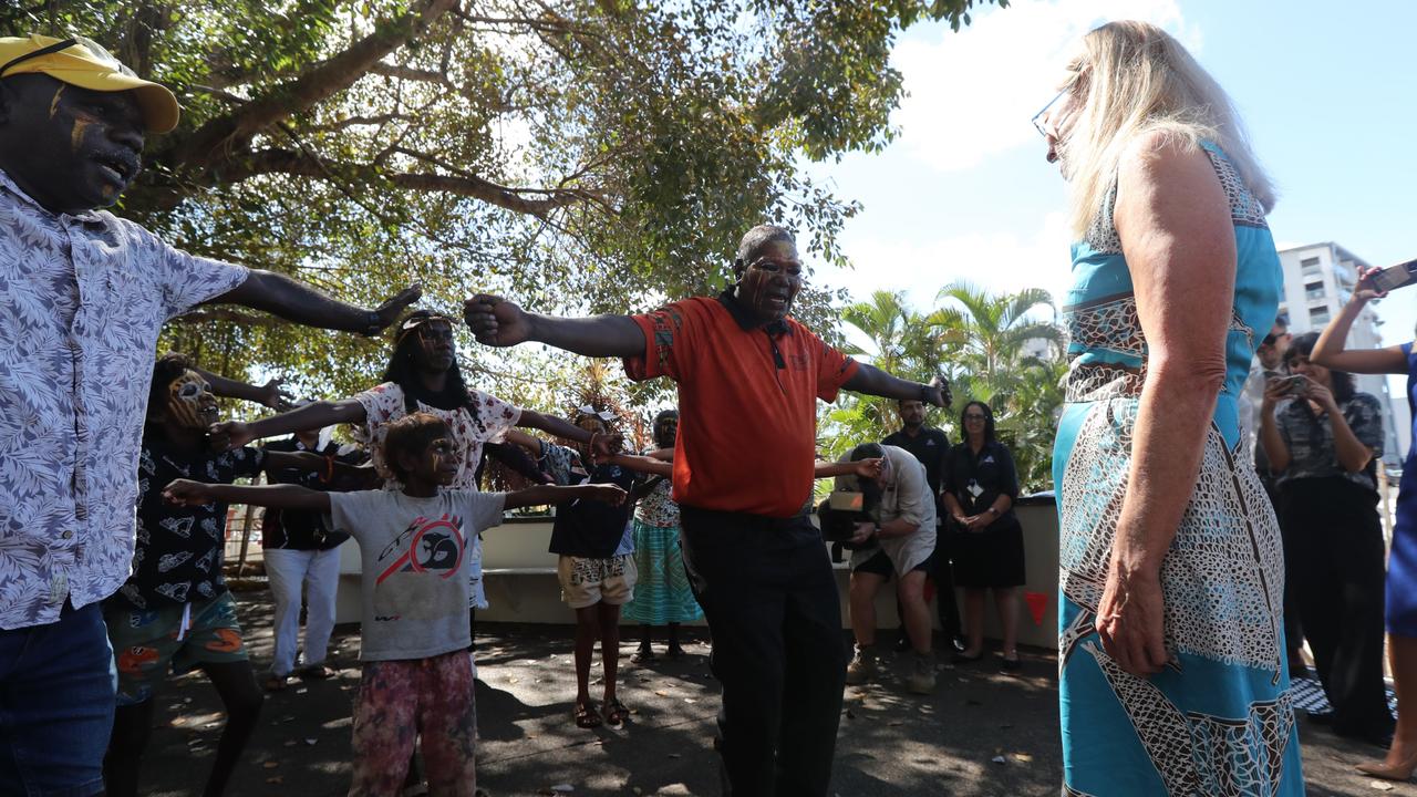 Munupi family members of 47-year-old Pukumani Alimankinni performed her Jorrigjorringa (kookaburra) song for coroner Elisabeth Armitage outside Darwin Local Court following her death in care coronial, on April 24, 2024. Picture: Zizi Averill