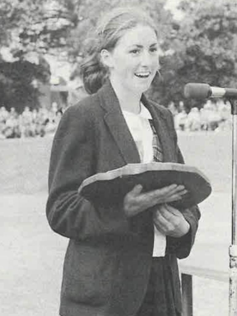 Sonya Irwin (nee Lord) receiving the annual sports shield at Seymour College in 1980. Picture: Supplied